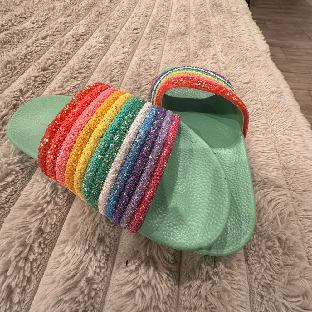 Mint Green Rainbow Glitter Slide Sandals